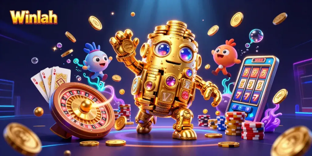Experience thrilling gameplay at Winlah with a vibrant 3D depiction of casino excitement.
