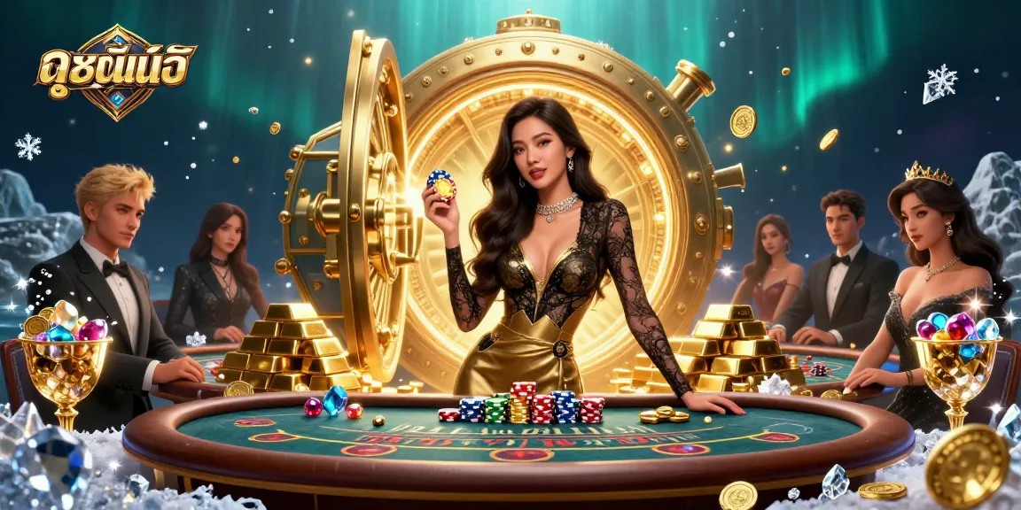 Play ดูหนังออนไลน์ with a stunning illustration showcasing a glamorous baccarat scene filled with gold and gems.