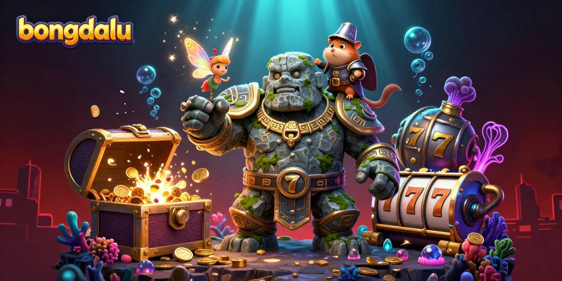 Bongdalu slot-themed 3D illustration with animated characters amidst casino treasures.
