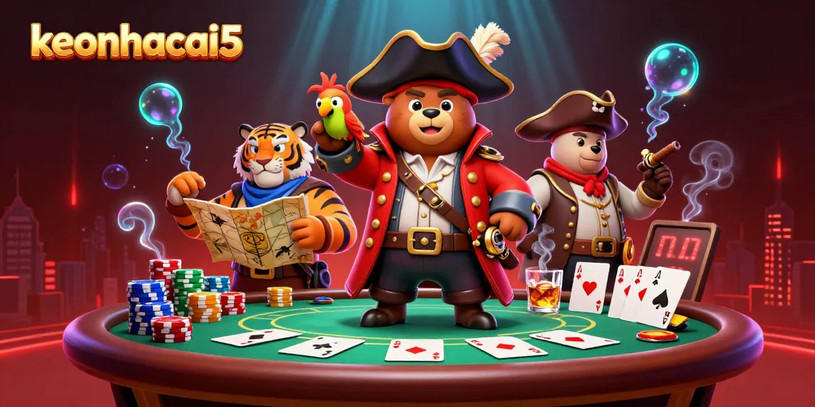 Engage with keonhacai5 in a dynamic poker scene featuring a pirate bear and fierce tiger.