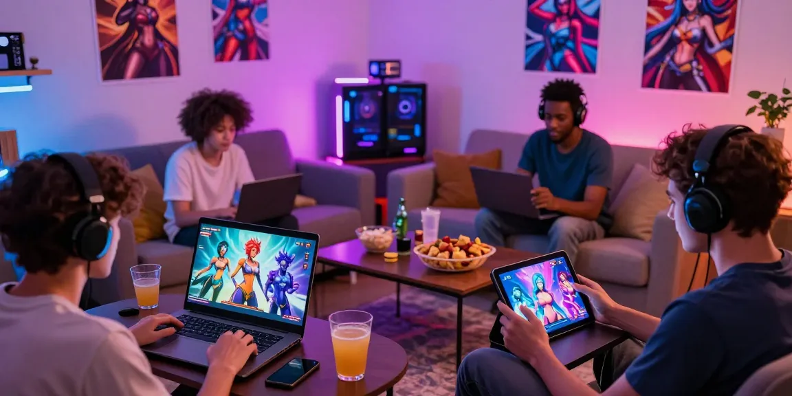 Players engaging in transformation hentai games on various devices, showcasing colorful character transformations and an inviting gaming atmosphere.