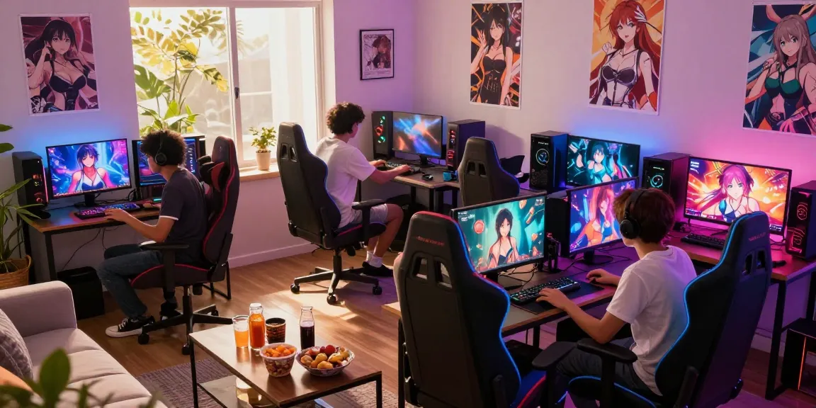 Engaged gamers enjoying popular hentai ganes in a vibrant living room.