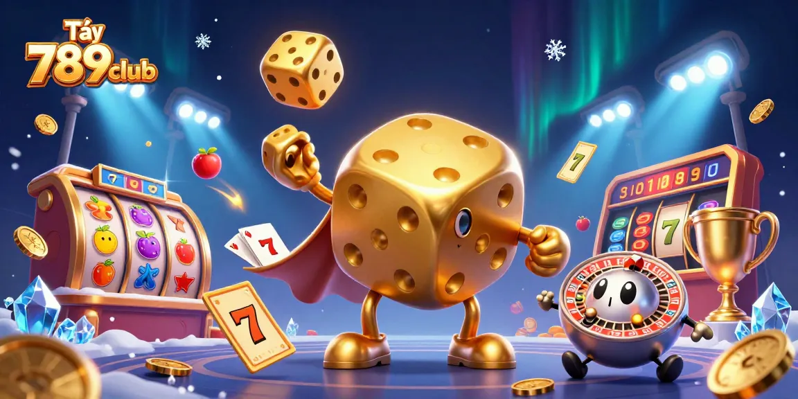 Tải 789club with dynamic golden dice characters and vibrant casino elements creating an engaging gambling scene.
