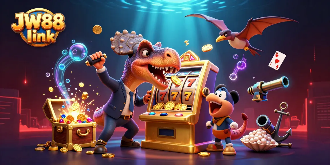 Win big with JW88 link as a dinosaur celebrates a jackpot payout amidst vibrant casino chaos.