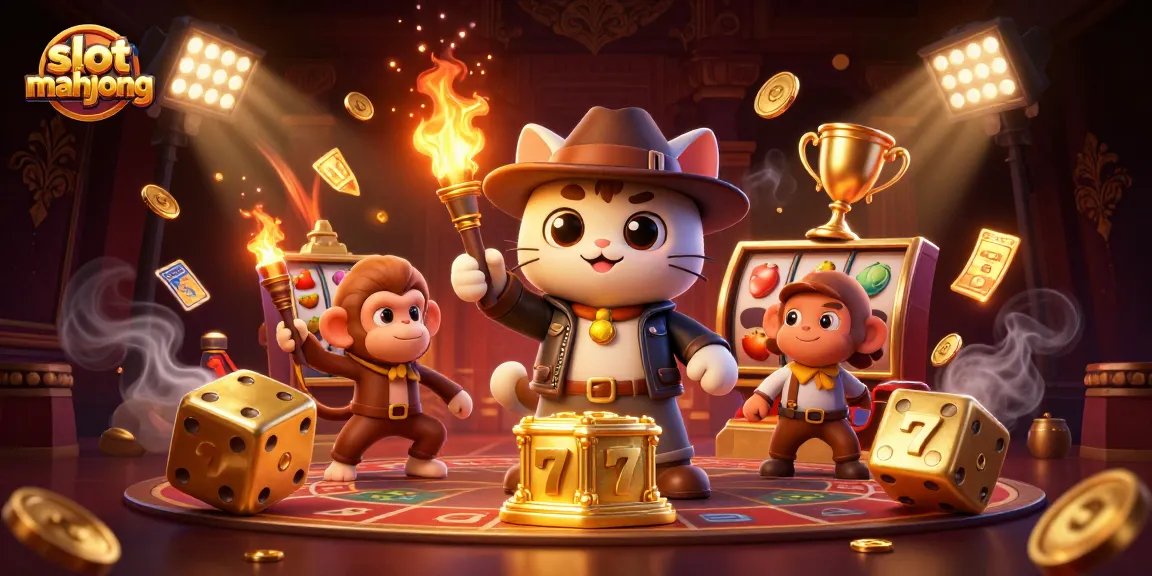 Experience the excitement of slot mahjong with a 3D cartoon scene featuring an explorer cat and casino elements.