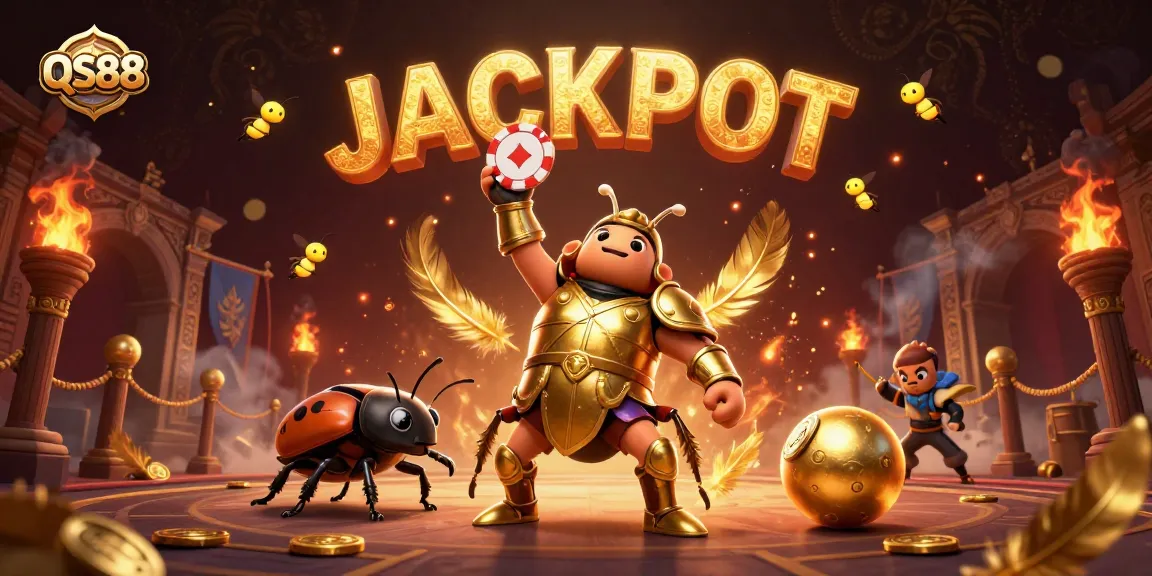 Experience the excitement at QS88 with a hercules beetle triumphantly showcasing poker chips amidst a vibrant jackpot scene.