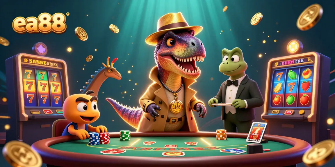 ea88 offers a vibrant casino scene with a velociraptor card counter and dynamic jackpot reels.