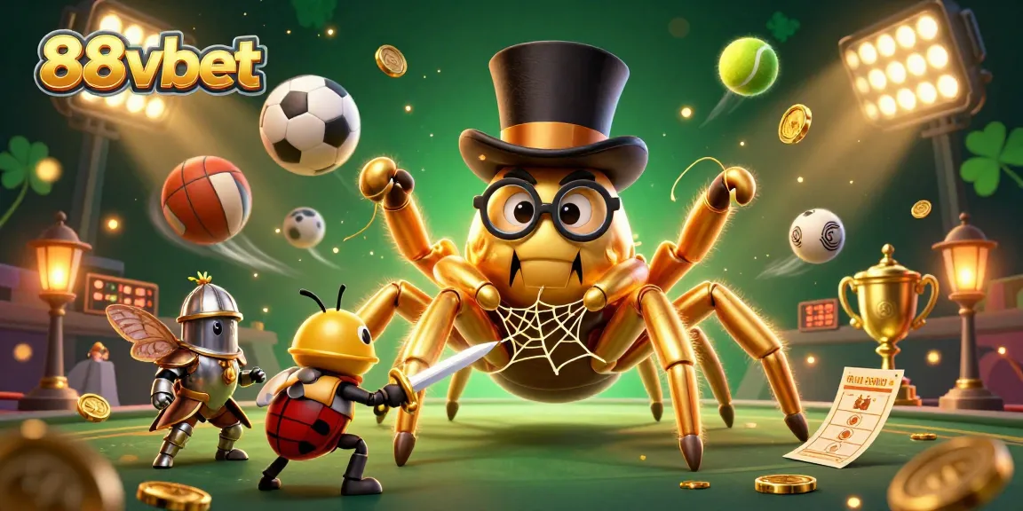 Immerse yourself in 88vbet's vibrant casino world with golden characters and dynamic sports elements.