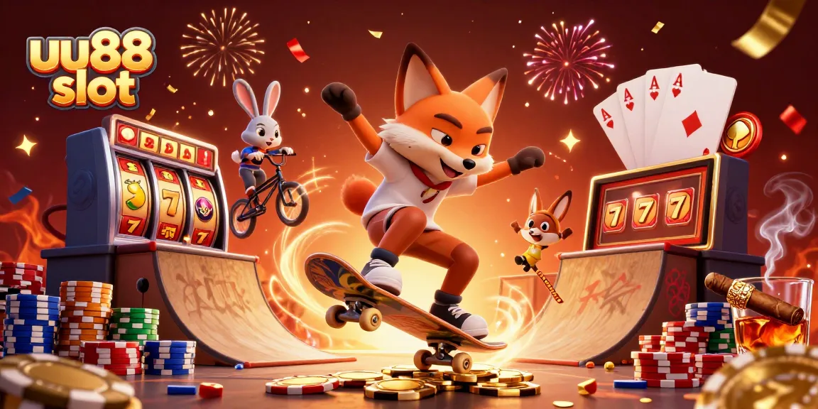 Experience thrilling gameplay with uu88 slot, showcasing a vibrant 3D fox skateboarder and dynamic casino symbols.