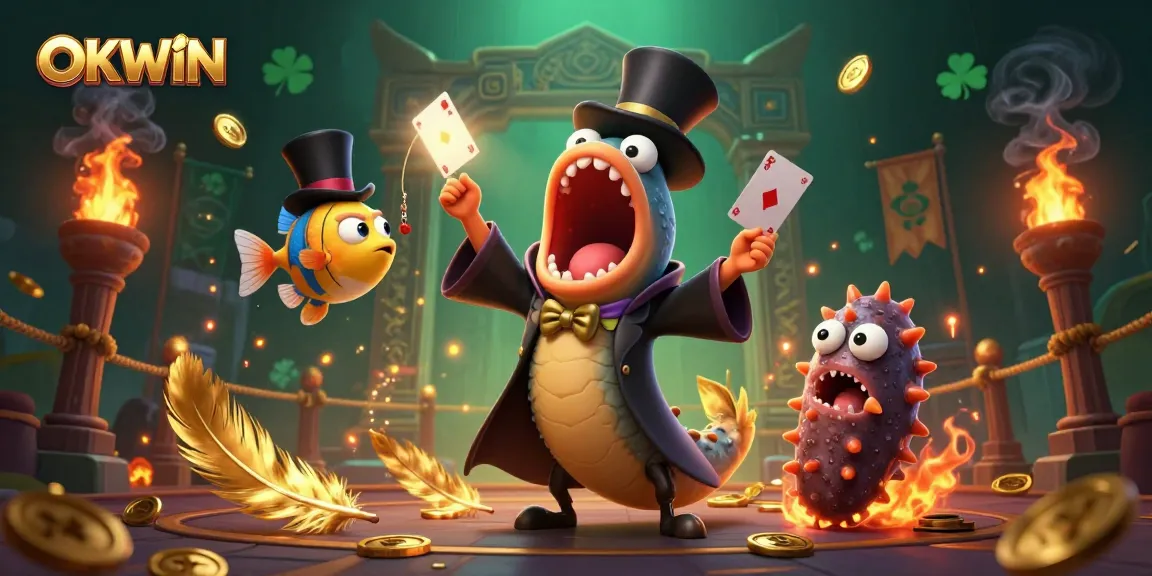Watch the OKWIN bioluminescent eel perform captivating casino card tricks with vibrant imagery.