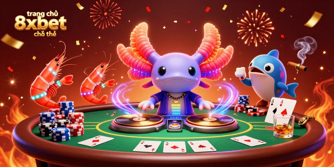 Engage with the vibrant energy of trang chủ 8xbet chính thức through its colorful 3D illustration of a casino scene with axolotl DJ and shrimp dancers.