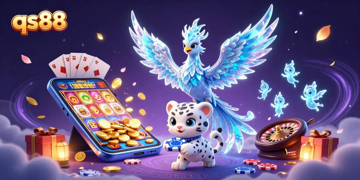 Experience the thrill of qs88 casino with an ice phoenix and playful snow leopard amid glowing gaming elements.