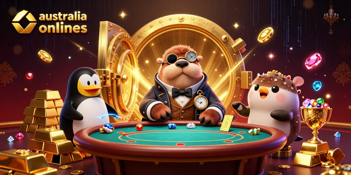 Experience intense gaming action with australia online casinos featuring a whimsical poker scene.