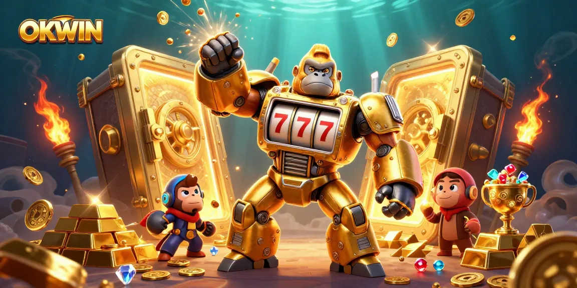 OKWIN showcases excitement with a golden gorilla mech and crashing coins in a dynamic casino scene.