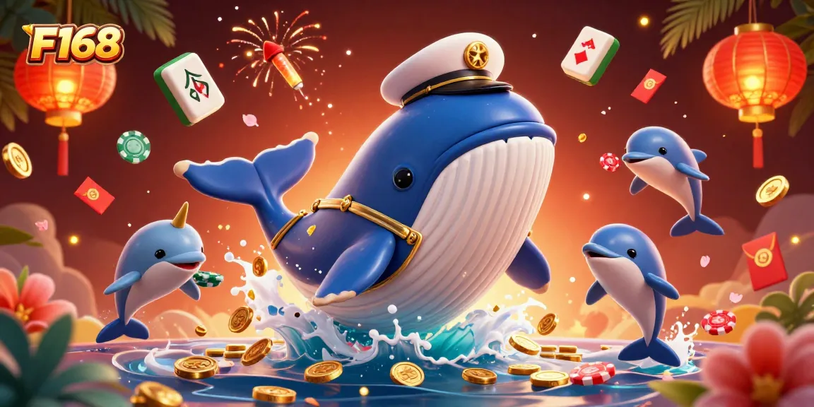 Experience F168's vibrant casino world with whales, dolphins, and festive elements.