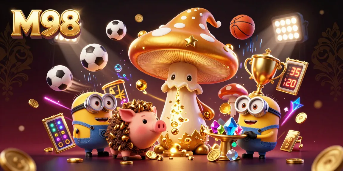 M98's vibrant casino gaming scene features a golden mushroom wizard with treasure elements.