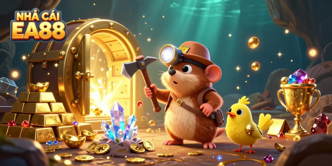 NHÀ CÁI EA88 showcases a vibrant treasure hunter scene full of gems and golden riches.