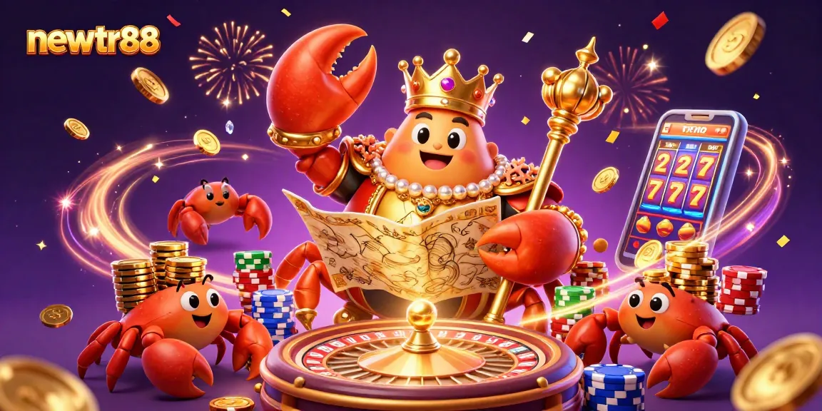newtr88 celebrates with a golden crab emperor featuring a treasure map amidst cascading coins in a vibrant casino atmosphere.